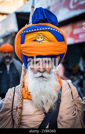 A sadhu Nihang warrior participating in Hola Moholla Festival in Anandpur Sahib Punjab India Stock Photo