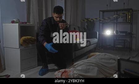 A young hispanic male detective examines evidence at an indoor crime scene in a living room. Stock Photo