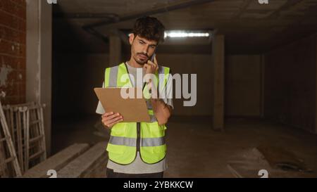 Young man at a construction site holding a clipboard, wearing a high-visibility vest, and talking on the phone, inside an unfinished building Stock Photo
