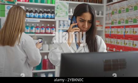 Two women pharmacists in white coats work in a drugstore, one consulting on a phone, the other using a tablet Stock Photo