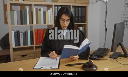 Young woman judge in office reading a book and reviewing legal documents while sitting at a desk with a computer and gavel Stock Photo