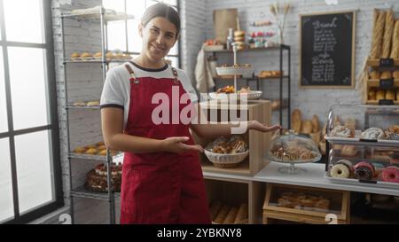 Young woman in red apron standing in bakery shop presenting various baked goods with shelves of breads and pastries in the background Stock Photo