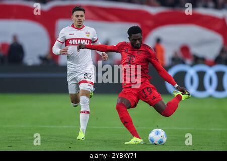 Germany. 19th Oct, 2024. Fussball 1. Bundesliga 7. Spieltag FC Bayern Muenchen - VfB Stuttgart am 19.10.2024 in der Allianz Arena in Muenchen Fabian Rieder ( Stuttgart ), links - Alphonso Davies ( Muenchen ), rechts DFL regulations prohibit any use of photographs as image sequences and/or quasi-video. Foto: Revierfoto Credit: ddp media GmbH/Alamy Live News Stock Photo