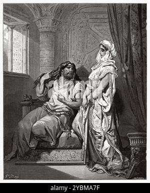 Samson and Delilah (Book of Judges Chapter 16) Old Testament. Antique bible illustration by Gustave Dore (1832–1883) Stock Photo