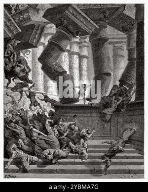 The death of Samson. Samson destroys the temple of Baal. Old Testament. Antique bible illustration by Gustave Dore (1832–1883) Stock Photo