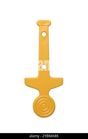 yellow plastic ice cream stick isolated white background, utensils for eating or supporting ice creams, popsicles Stock Photo