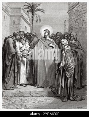 Jesus talks about tribute money and utters the phrase Give to Caesar what is Caesar's and to God what is God's ( Matthew 22:37) New Testament. Antique bible illustration by Gustave Dore (1832–1883) Stock Photo