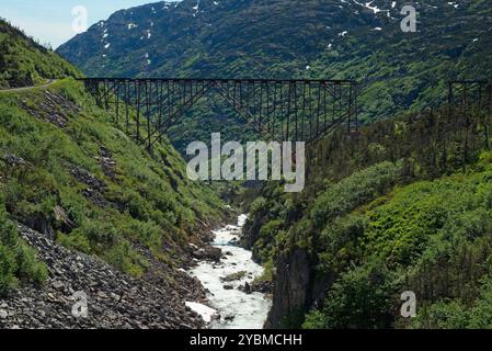 Abandoned steel bridge on Alaska's White Pass and Yukon Route Railroad, partially collapsed, crosses a rushing stream high in the mountains. Stock Photo