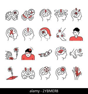 Neurological diseases line black icons set. Signs for web page, mobile app, button, logo. Vector isolated button. Editable stroke. Stock Vector