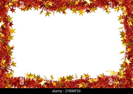 Festive Christmas frame, border. Bright red fluffy tinsel with golden stars as a frame. Garlands isolated on white background. Stock Photo