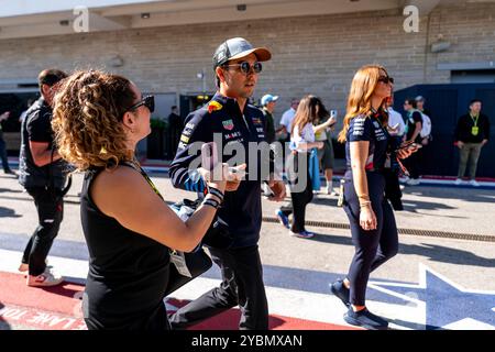 Austin, United States. 19th Oct, 2024. Mexican Formula One driver Sergio Pérez of Red Bull Racing arrives for the Formula One United States Grand Prix at the Circuit of the Americas in Austin, Texas on Saturday, October 19, 2024. Photo by Greg Nash/UPI Credit: UPI/Alamy Live News Stock Photo