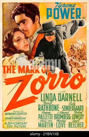 The Mark of Zorro (20th Century Fox, 1940) old film poster, Tyrone Power as Zorro with Linda Darnell Stock Photo