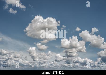 In spring, white cirrus clouds fill the sky to the horizon. European plain. Stock Photo