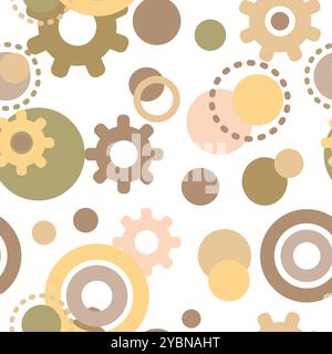 A seamless pattern featuring colorful gears and circles in soft hues, set against a white background. Vector illustration Stock Vector