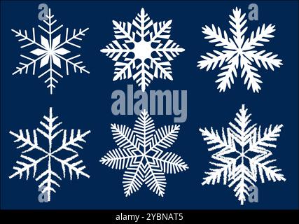 Six unique snowflake designs in white on a dark blue background. The graphic style is clean and minimalistic, representing winter themes. Vector Stock Vector