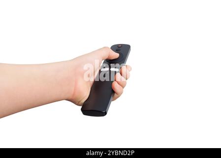 Hand holding a simple remote control with minimal buttons, isolated on a white background. Perfect for various themes and customizable backgrounds Stock Photo