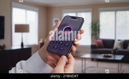 Controlling  blinds and curtains in the living room using a mobile app. Woman's hand with smartphone, modern home automation for light control and pri Stock Photo
