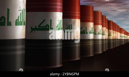 Iraq oil crude petroleum fuel barrels in row concept. Iraqi petrol business and fuel extraction industrial containers 3d illustration. Stock Photo