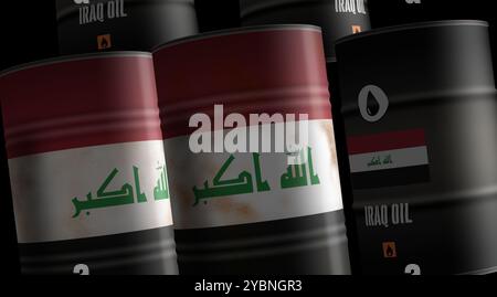 Iraq oil crude petroleum fuel barrels in row concept. Iraqi petrol business and fuel extraction industrial containers 3d illustration. Stock Photo