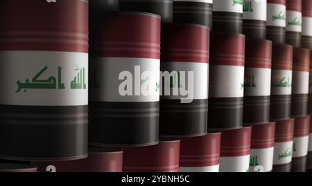 Iraq oil crude petroleum fuel barrels in row concept. Iraqi petrol business and fuel extraction industrial containers 3d illustration. Stock Photo