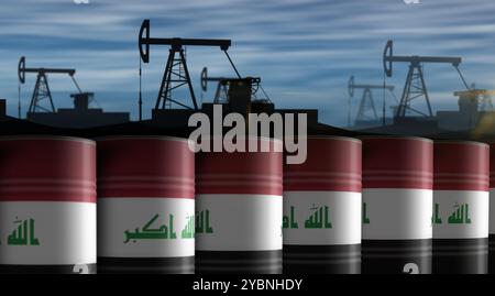 Iraq oil crude petroleum fuel barrels in row concept. Iraqi petrol business and fuel extraction industrial containers 3d illustration. Stock Photo