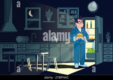 Background illustration of a man at a late night snack. Kitchen in darkness, open refrigerator and hamburger in the hand of joyful man. Stock Vector