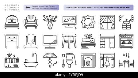 Home furniture and interior items, modern house rooms, vector black line icon set, pictogram's size 48x48 px and 480x480 px, 21 signs, editable stroke Stock Vector