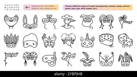 Masquerade masks black line icon set, 21 monochrome vector signs for carnivals and festivals - 48x48 px (editable stroke, pixel perfect) and 480x480 p Stock Vector