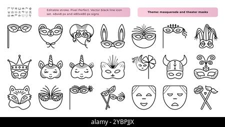 Masquerade masks black line icon set with dots, 21 monochrome vector signs, 48x48 px and 480x480 px symbols, editable stroke, pixel perfect Stock Vector