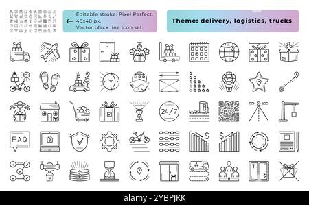 Delivery, logistics, trucks. Vector black line icon set, 50 signs - 48x48 px (editable stroke, pixel perfect) and 300x300 px (not editable stroke, pix Stock Vector