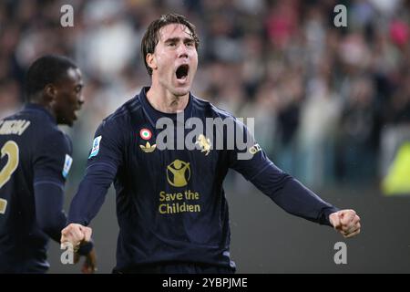 Dusan Vlahovic (Juventus FC) celebrates during Juventus FC vs SS Lazio, Italian soccer Serie A match in Turin, Italy, October 19 2024 Stock Photo