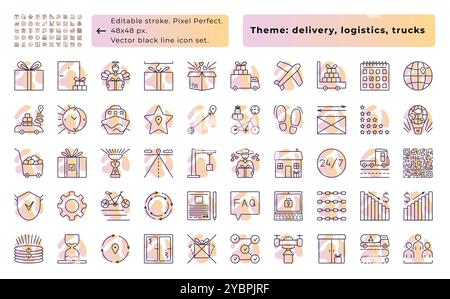 Delivery and cargo, vector black line icon set with gradient spots, 50 signs - 48x48 px (editable stroke, pixel perfect) and 300x300 px (not editable Stock Vector