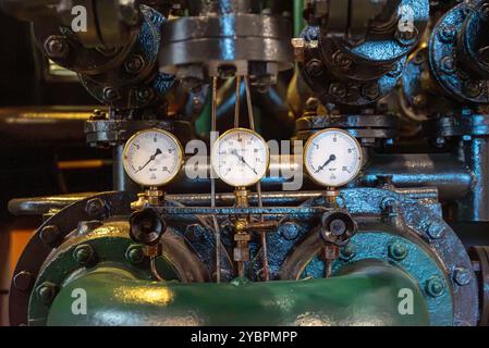 Detailed view of three pressure gauges on an industrial machinery in a ...