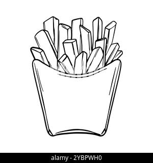 French fries sketch. Fried Potato chips hand drawn painted by black inks. Street fast food menu drawing in line art style. Food Vector illustration ou Stock Vector