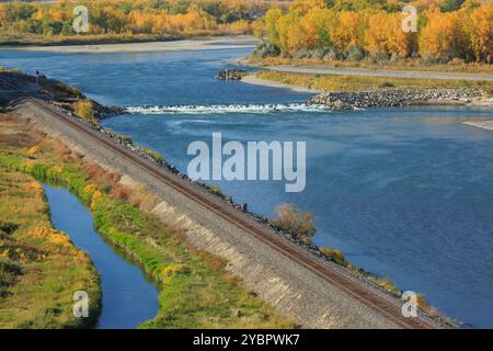 irrigation diversion dam in autumn near waco, montana Stock Photo