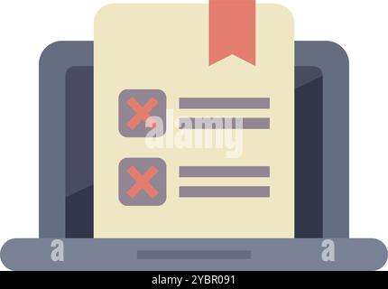 Survey or test is showing on a laptop screen with two wrong answers marked with a red x Stock Vector