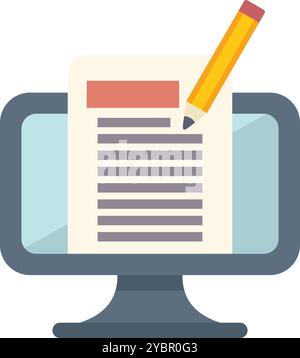Pencil is editing text on a computer screen with a cursor in flat cartoon style Stock Vector