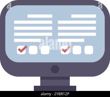 Desktop computer is showing an online survey with multiple choice questions and two checkmark signs, representing customer satisfaction research Stock Vector