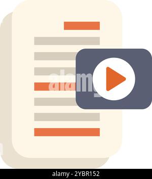 Video file icon is laying over a document, representing a digital marketing plan that includes video content Stock Vector