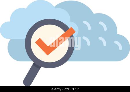 Magnifying glass is inspecting a cloud with a check mark symbolizing successful data analysis, cloud security, or a positive outcome Stock Vector