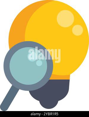 Magnifying glass is examining a bright light bulb, symbolizing the search for innovative solutions and creative thinking Stock Vector
