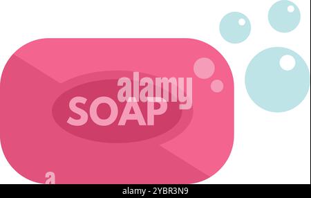 Pink soap bar with the word soap emblazoned on its surface, accompanied by floating bubbles, representing hygiene and cleanliness Stock Vector