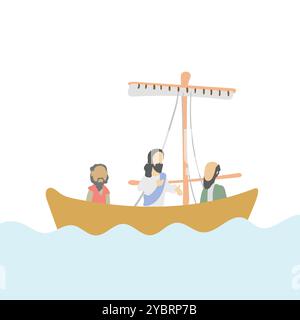 Jesus and his first disciples Simon Peter and Andrew who were fishermen on boat illustration vector isolated on white background Stock Vector