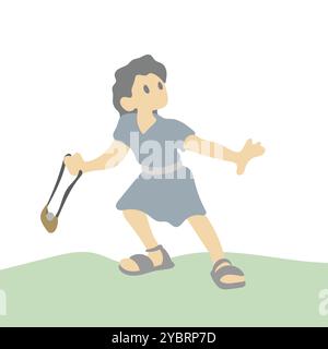 old testament bible tale David using sling to fight Goliath illustration vector isolated on white background Stock Vector