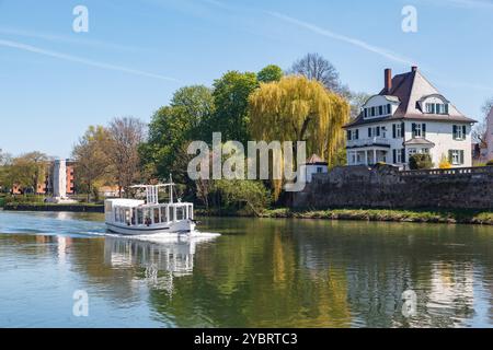 Beautiful nature and buildings on the waterfront of the Danube river in Ulm, Germany Stock Photo