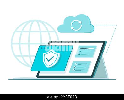 Tablet Device Syncing Security Data from Cloud Computing for Cyber Security and Wireless Network Connection Technology Concept Illustration Stock Vector