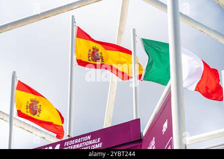 Phillip Island, Victoria, Australia. 20th Oct, 2024. The flags of the podium winners: Spanish for MotoGP Prima Pramac Racing rider JORGE MARTIN (89) and MotoGP Gresini Racing MotoGP rider MARC MARCQUEZ (93) and Italian for MotoGP Ducati Lenovo Team rider FRANCESCO BAGNAIA (1) on Sunday at the Qatar Airways Australian Motorcycle Grand Prix 2024. (Credit Image: © James Forrester/ZUMA Press Wire) EDITORIAL USAGE ONLY! Not for Commercial USAGE! Stock Photo