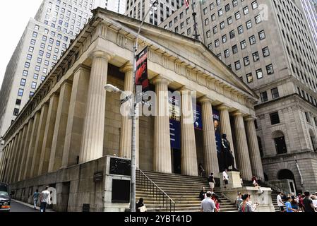 New York City, USA, June 20, 2018: Low angle view of Federal Hall National Memorial building in Financial District of NYC, North America Stock Photo