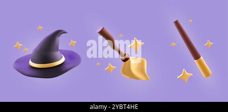 Magic wizard game icons - realistic 3d vector illustration set of magician tools and elements. Dark peaked witch hat, broomstick and mystery wand with Stock Vector