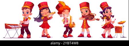 March parade music kid character band cartoon. Drum, trumpet, trombone and sax instrument for playing military children orchestra isolated set. Smilin Stock Vector